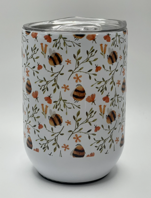 Hand painted digital bumblebees | Tumbler, 12 oz stainless steel wine tumbler