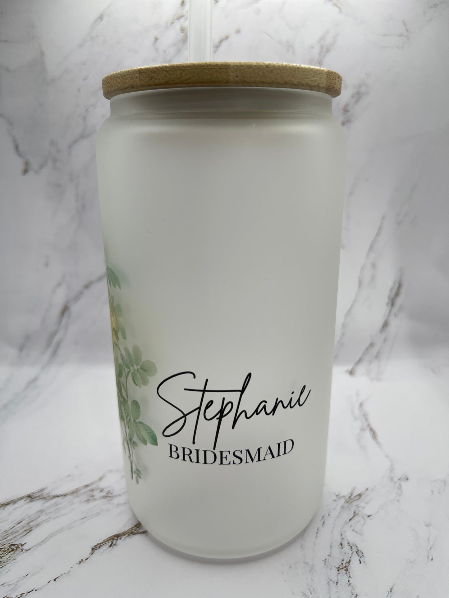 Personalized Frosted Glass Libbey Jar with Bamboo Lid for Bridesmaid Proposals and Maid of Honor Gifts