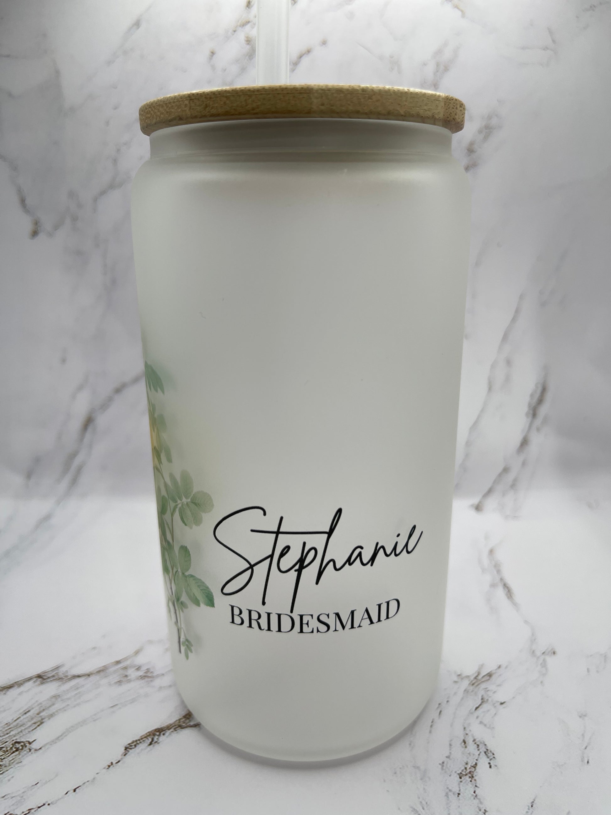 Custom Logo 16 oz. Frosted Glass: w/ Bamboo Lid