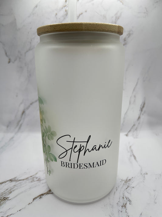 Personalized Frosted Glass Libbey Jar with Bamboo Lid for Bridesmaid Proposals and Maid of Honor Gifts